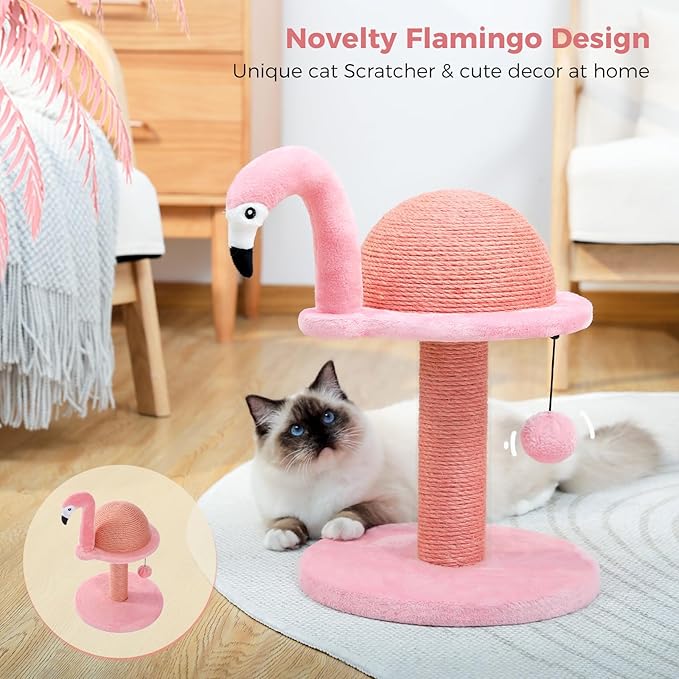PETEPELA Cat Scratching Post, Pink Cat Scratcher Tree, Flamingos Natural Sisal Cat Scratch Post with Interactive Toy Ball and Extra Replacement Sisal Scratching Pole for Kittens and Small Cats,Pink