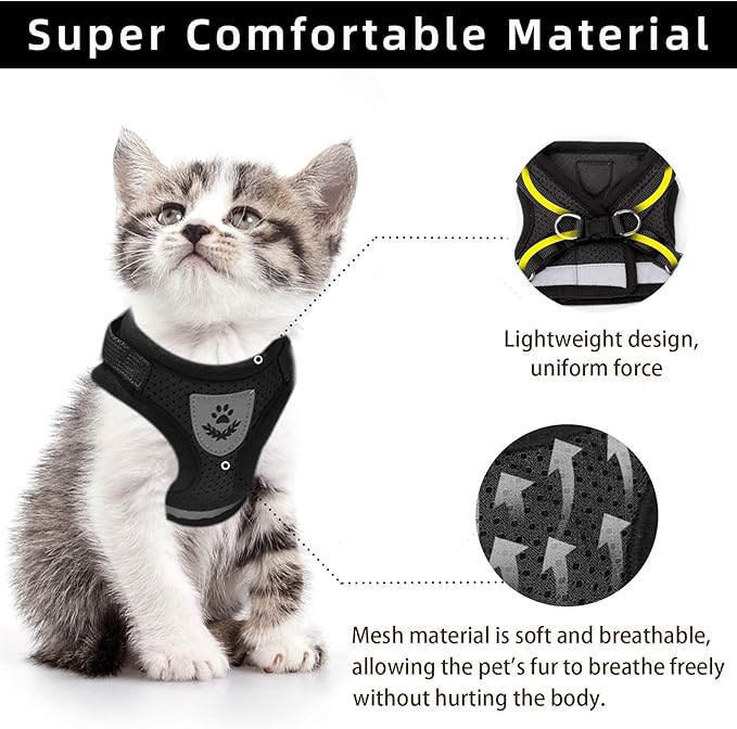 Cat Vest Harness and Small Dog Vest Harness for Walking, All Weather Mesh Harness, Cat Vest Harness with Reflective Strap, Step in Adjustable Harness for Small Cats (Black, XS)