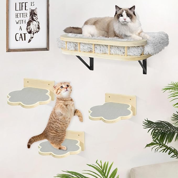 Cat Wall Shelves with Cooling Mat and Plush Cushion, Cat Shelves and Perches for Wall with 3 Wall Steps, Cat Wall Furniture Cat Climbing Shelf Cat Scratching Post for Sleeping, Playing, Gift for Cat
