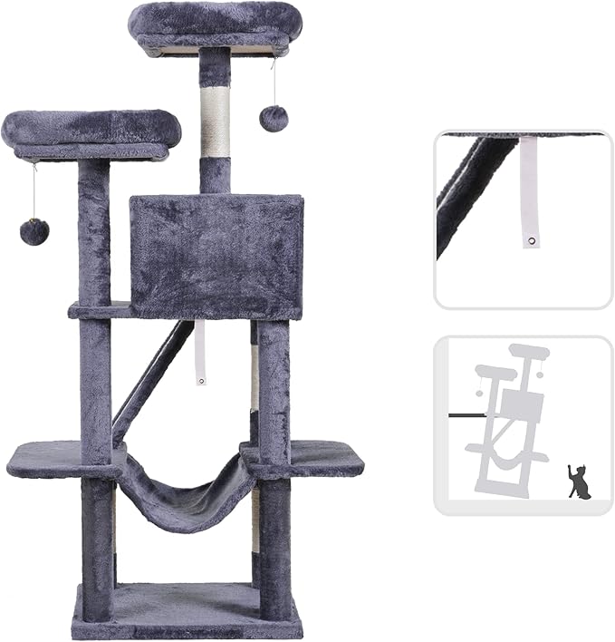 Hey-brother Cat Tree Tower, 57" Cat Tower with Scratching Posts, Multi-Level with hammocks, Toys, cat condo and Scratching Board, Smoky Gray MPJ028G