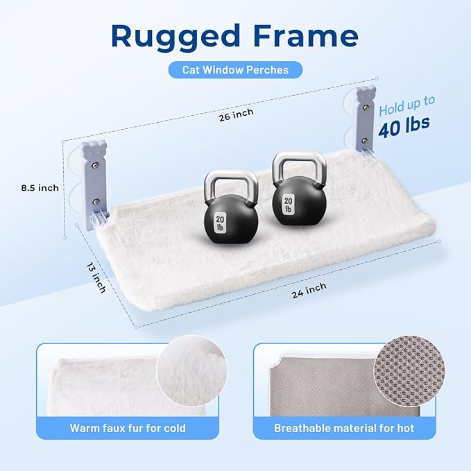 Cat Window Perch for Cats Inside, Foldable Cat Window Hammock for Large Cats Indoor with 4 Suction Cups, Sturdy Metal Frame, Large, White