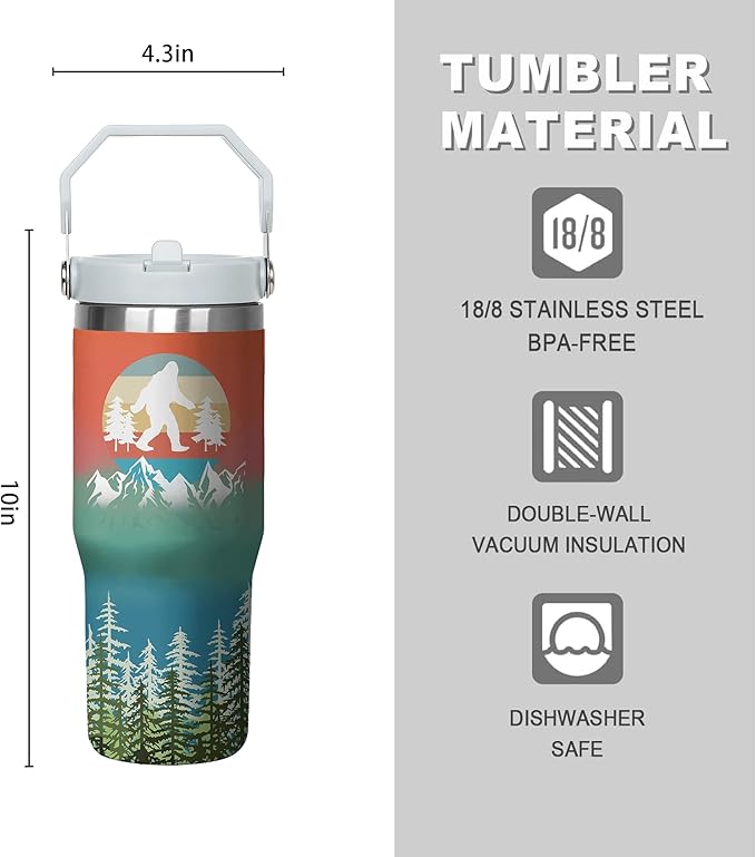 30 Oz Bigfoot Tumbler with Handle and Straw, Insulated Sasquatch Coffee Mug Keeps Drinks Cold & Hot, Double Wall Stainless Steel Wander Cup, Bigfoot Gifts for Men Women, Gifts for Bigfoot Lovers