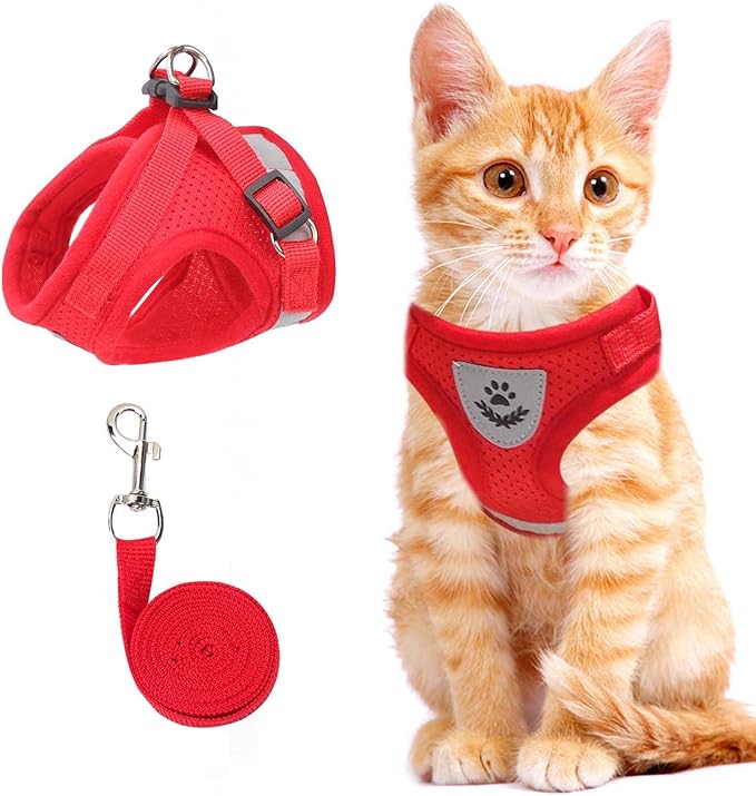 Cat Vest Harness and Small Dog Vest Harness for Walking, All Weather Mesh Harness, Cat Vest Harness with Reflective Strap, Step in Adjustable Harness for Small Cats (Red, S)