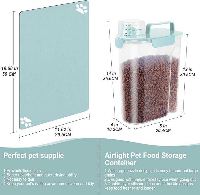 5-7Lbs Portable Airtight Dog Cat Food Container, match pet feeding mat Clean and convenient, making less messy,translucent Storage Bin for Small Animal Kibble,Bird Seed,Oatmeal,Rice-Sky Blue