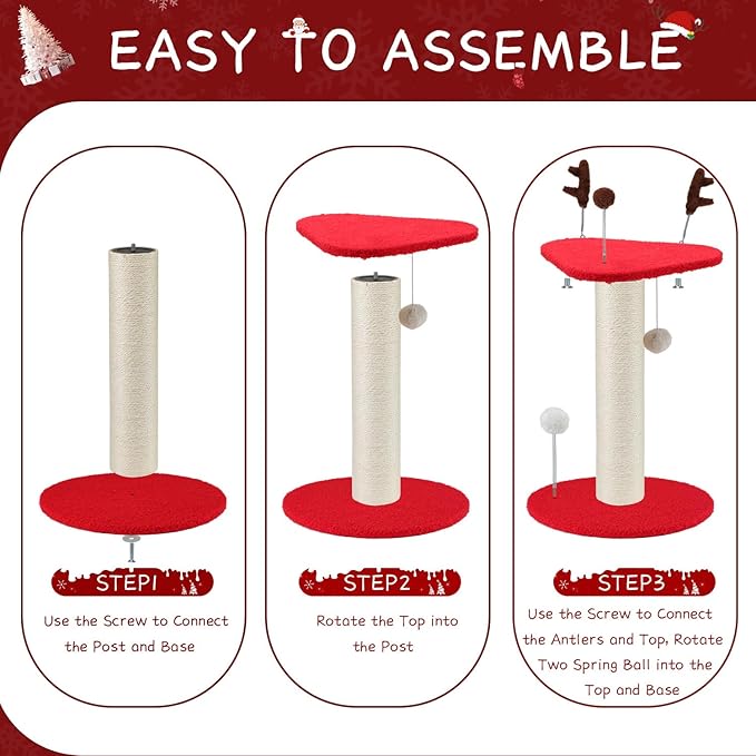 EMUST Christmas Cat Scratching Post for Indoor Cats, Natural Sisal Christmas Tree Scratching Post with Plush Hang Spring Ball Toys, Cute Small Kitten Scratching Post with Bed, Reindeer