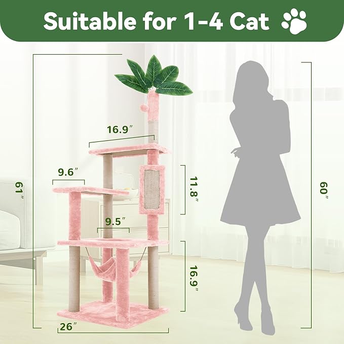 61" Large Cat Tree Tower for Indoor Cats with DIY Green Leaves Scratching Post Multi Soft Hang Ball Plush Cat House Furniture 360° Rotating Cat Scratch Board with Hammock, Square Pink