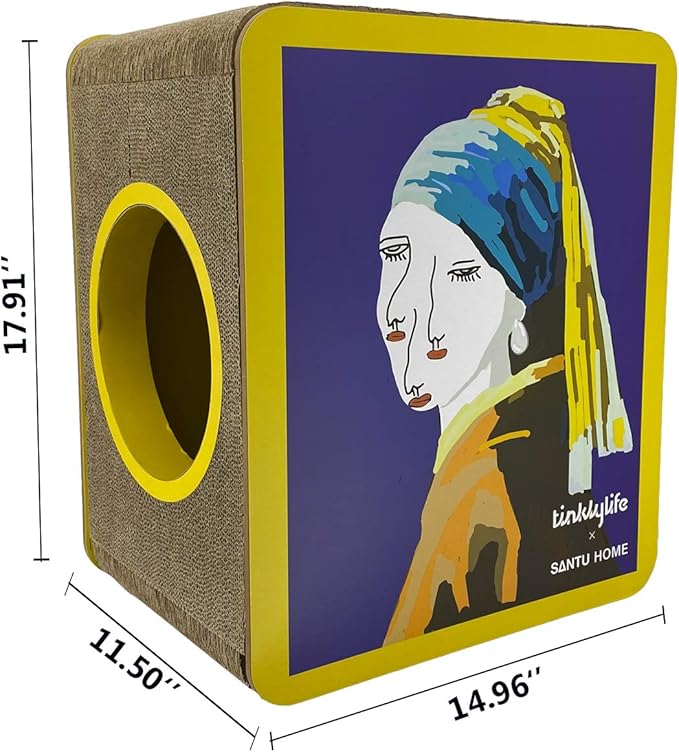 Cat Condo Scratcher Cardboard, Girl with a Pearl Earring Shape Adaptation Spoof Version Cat Scratching House Bed Furniture Protector, Pink