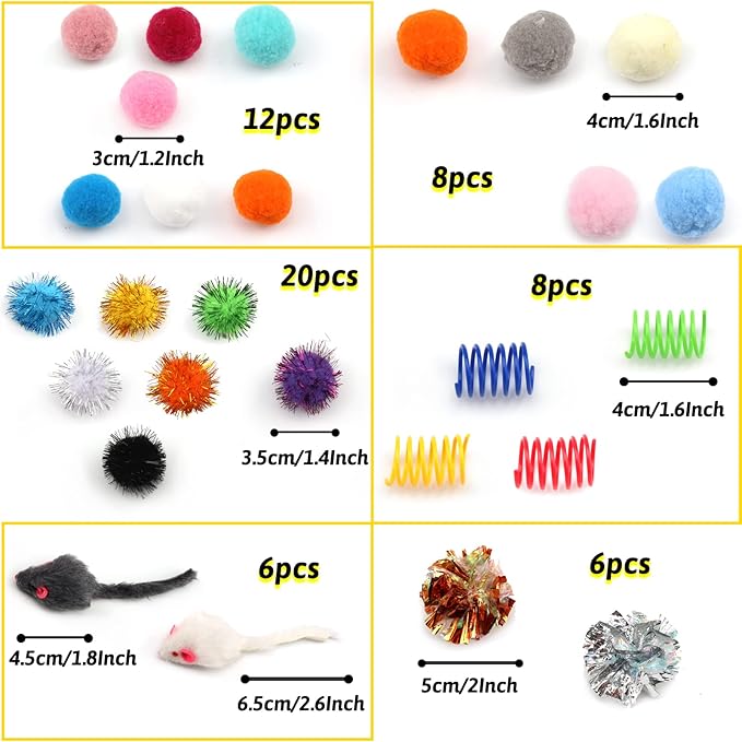 60 Packs Cat Toys Balls Set Spiral Springs Assorted, Kitten Ball Toys Assortments, Sparkle Ball, Cat Mouse Toy, Cat Crinkle Balls, Cat Springs, Furry Cat Toys Balls Soft Pom Pom Balls