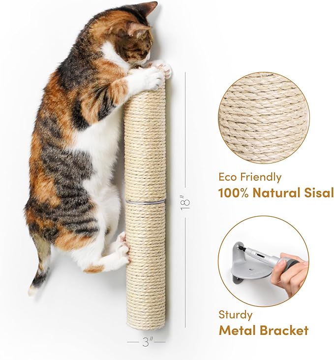 18" Compact Wall Mounted Cat Scratcher, Sisal Scratching Post