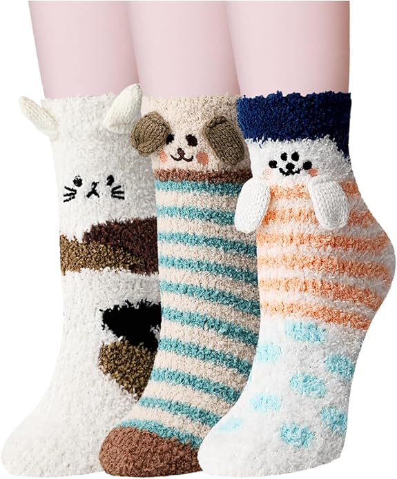 3-6 Pairs Womens Fuzzy Socks Cozy Fluffy Slipper Socks Cute Soft Cat Animal Winter Warm Sleep Socks Gifts