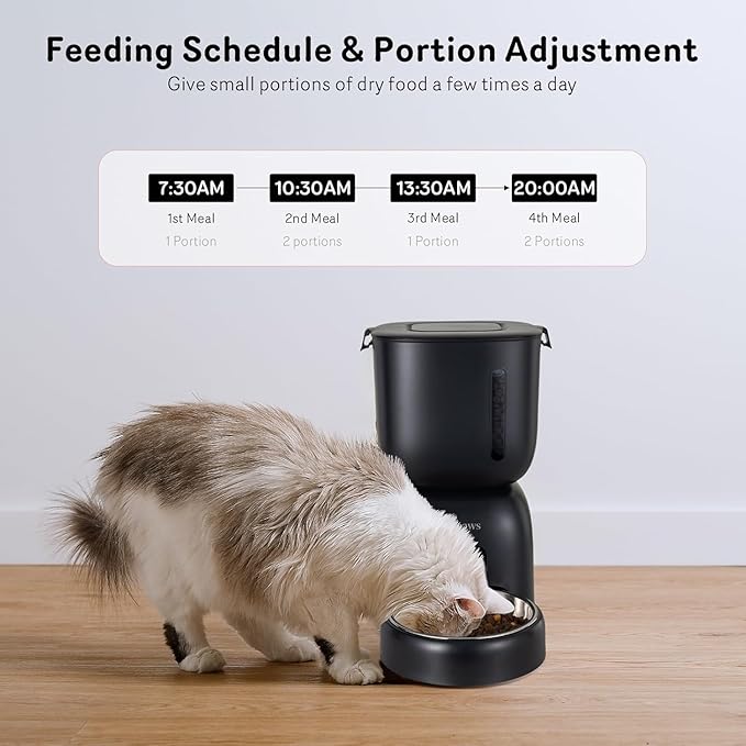 Automatic Cat Feeder and Cat Water Dispenser FW1, Wire or Battery Cat Food Dispenser Timer Pet Feeder - Locking Lid, Desiccant Bag, Programmable Portion Control, 4 Daily Meals, 10s Voice Recorder