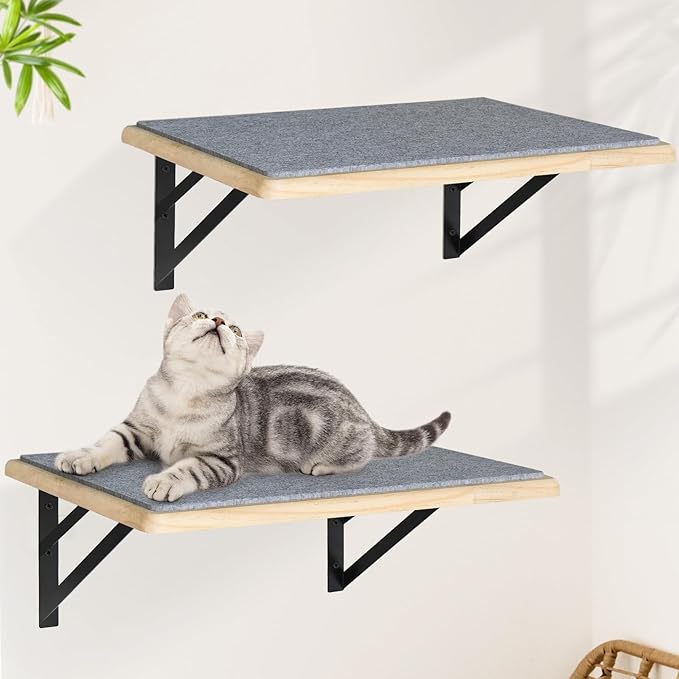 Cat Wall Shelves Set of 2, Wood Cat Shelves for Wall, Cat Wall Bed Hammock with Scratching Pad, Cat Climbing Shelf for Sleeping Playing, Cat Window Perch for Big Cats, Burlywood Cat Furniture Indoor