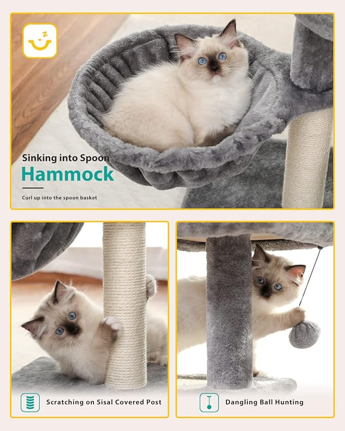 PETEPELA Cat Tree for Small Indoor Cats, Plush Cat Tower with Large Cat Condo, Deep Hammock and Sisal Cat Scratching Post for Kittens Grey