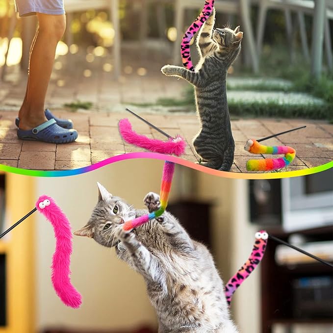 3 Pack Cat Wand Toy, Rainbow Cat Feather Toys with Bells, Cat Teaser Wand with Soft Furry Tail, Interactive Cat Toys for Indoor Cats & Kitten & Kitty