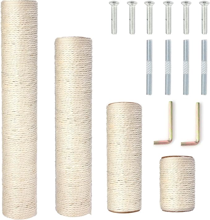 PowerKing Natural Sisal Replacement Scratching Post, 4 Pieces M8 Cat Scratch Post Refill Pole Parts for Refurbishment, White, Include Screws, 15.74''+11.88''+7.87''+3.93''