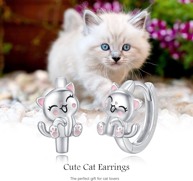 925 Sterling Silver Cat Earrings Cute Animal Kitten Stud Earrings cat Jewelry Gifts for Women Girls Hypoallergenic Earrings for Sensitive Ears