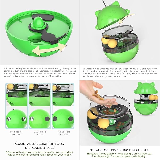 2 in 1 Cat Treat Dispenser Toy - Cat Interactive Toy and Cat Treat Ball, Tumbler Interactive Ball Cat Puzzle Feeder, Cat Food Puzzle Toy，Suitable for All Types of Cats and Small pet Dogs(Green)