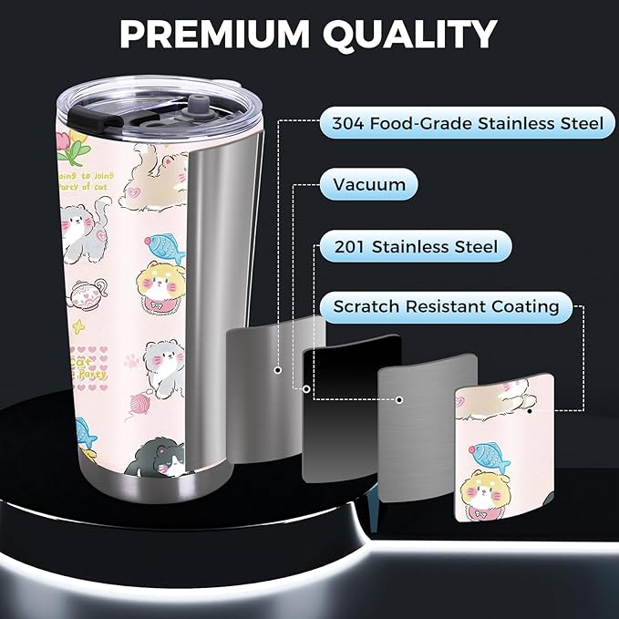 20 oz Stainless Steel Cat Tumbler, Coffee Cups with Lid, Tea Tumbler for Women Men, Cat Lover Christmas Birthday Gift for Women Girls