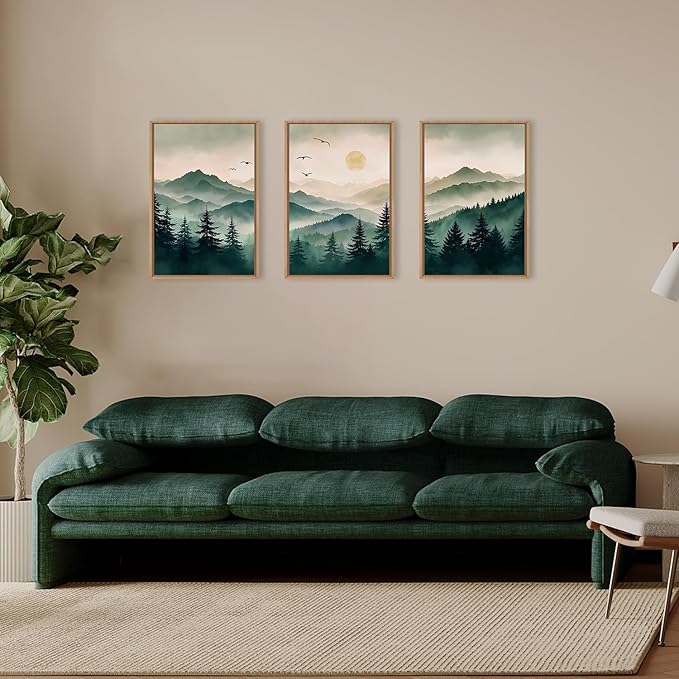 Ausril Misty Forest Framed Canvas Wall Art Set, Boho Mountain Landscape Wall Decor, Pine Tree Wall Painting, Nature Sunrise Art Prints for Living Room, Bedroom, Dining Room, Office - Large 16"x24"x3