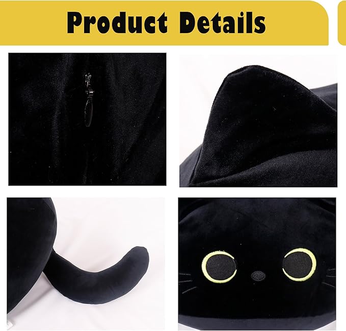 4PCs Black Cat Plush Toy 16'' Black Cat Pillow with 3 Babies, 3D Black Cat Plushies Pillow Baby Cute Plush Toys Shape Cat Design Sofa Fat Pillow Gifts for Boys Girls