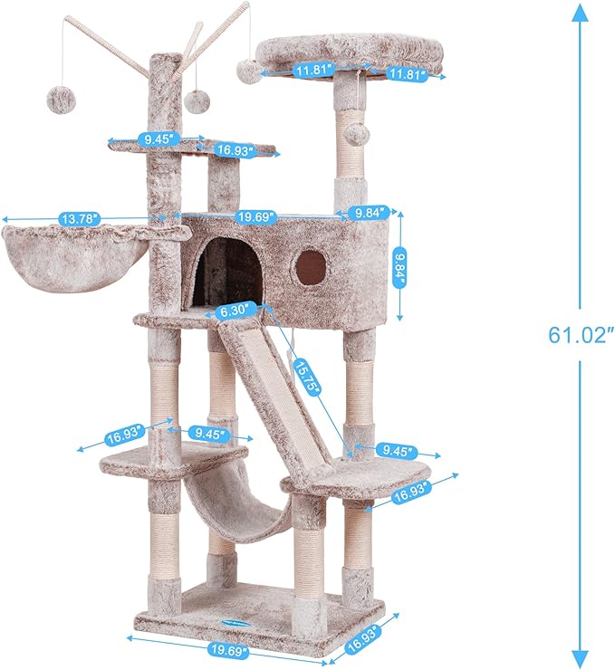 Hey-brother Cat Tree, 61 inch Cat Tower for Indoor Cats, Cat House with Padded Platform Bed, Toy Balls, Large Cozy Condo, Hammocks and Sisal Scratching Posts, Muchroom MPJ019MU