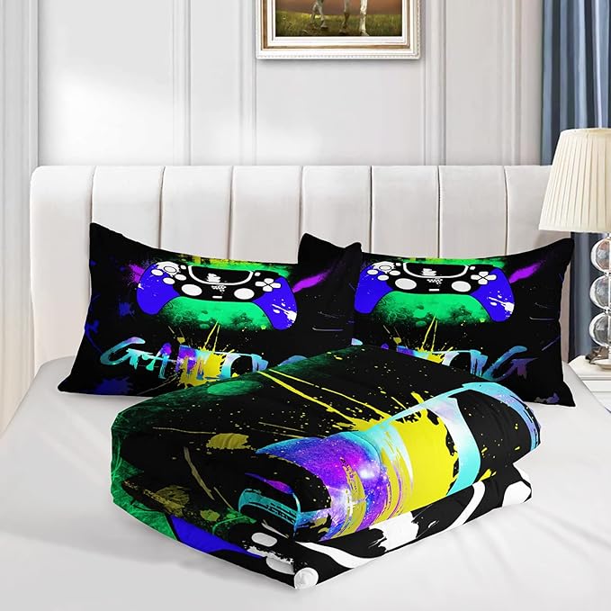 AILONEN Gamer Comforter Sets for Teen Boys, Gaming Bedding Sets Full Set,Video Game Bedspread,Game Duvet,Gamepad Bed Set,Controller Quilt Set,3 Piece 1 Comforter and 2 Pillowcases, Gamepad61