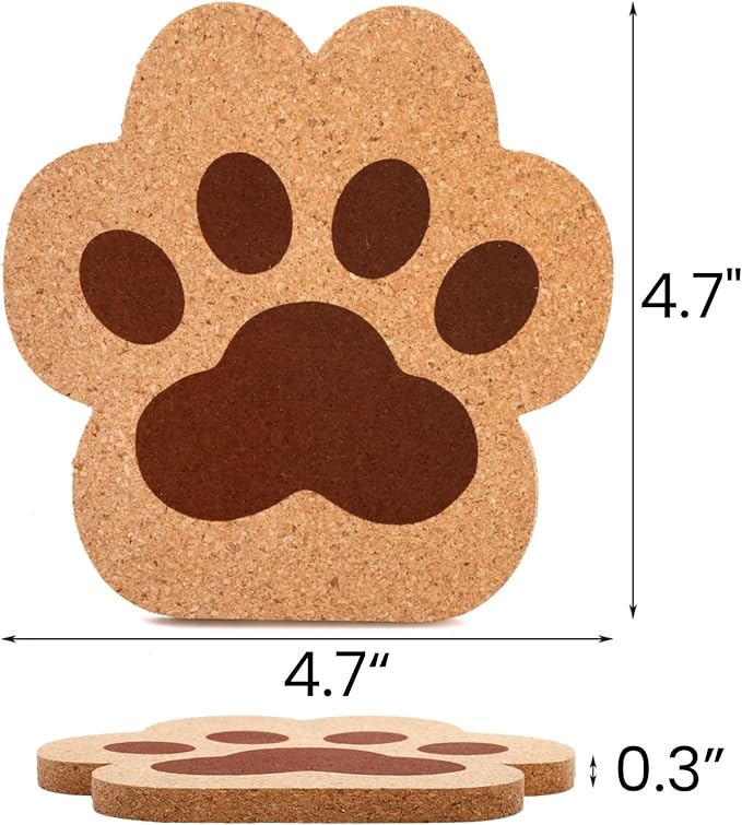 12 Pack Cork Coasters for Drinks, 4.7" Absorbent Cup Mat Set, Heat Resistant Kitchen Coasters, Reusable Cat Paw Shape Table Protection Trivet for Glasses Mugs, Room Decor, Housewarming Gifts