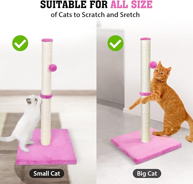 petellow 31'' Tall Cat Scratching Post - Cat Claw Scratcher with Hanging Ball - Scratching Posts for Indoor Large Cats - Durable Stable Cat Furniture with Sisal Rope - Cat Scratch Post - Pink