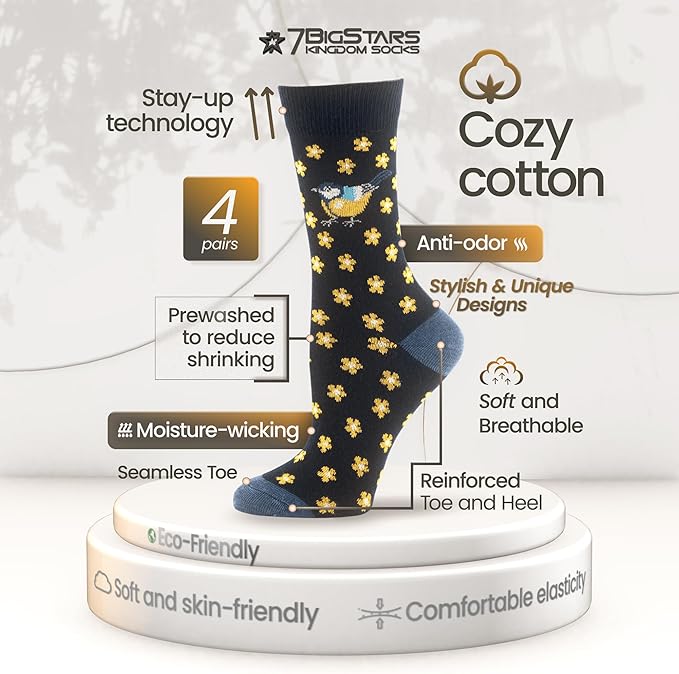 7BIGSTARS KINGDOM Womens Fun Cotton Crew Socks - 4 Pack L/M - Cactus Space Desert Coffee Fox Dog Hedgehog Puppy Flower Bird