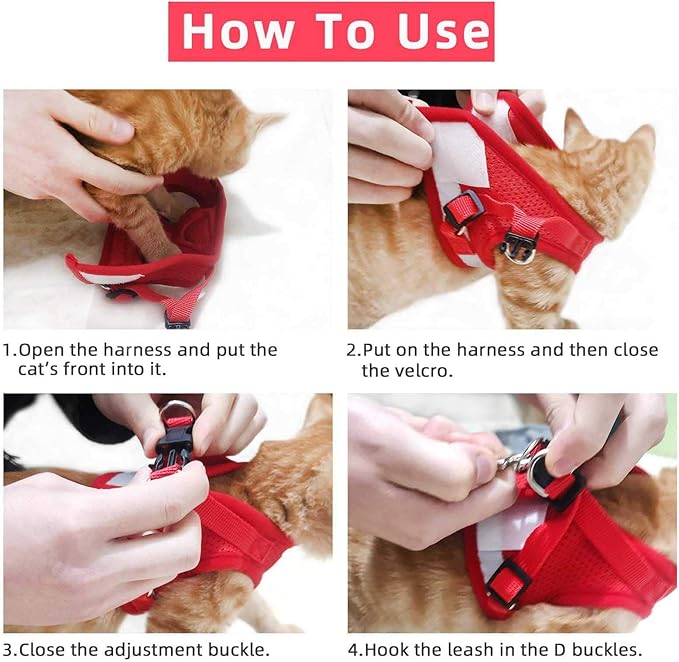 Cat Vest Harness and Small Dog Vest Harness for Walking, All Weather Mesh Harness, Cat Vest Harness with Reflective Strap, Step in Adjustable Harness for Small Cats (Red, XS)