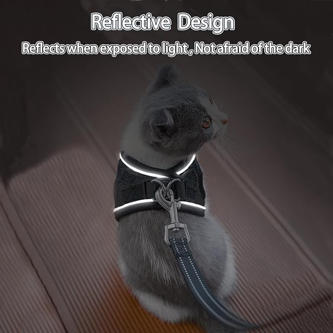 Cat Harness and Leash Set, Escape Proof Safe Adjustable Kitten Vest Harnesses for Walking, Easy Control Soft Breathable Mesh Jacket with Reflective Strips for Cats（Black Mesh，XXS）