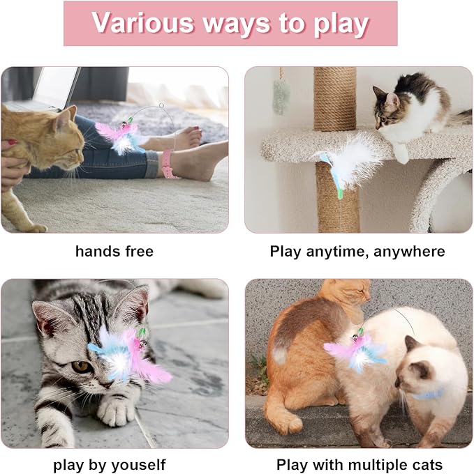 2pcs Cat Collar Toys, Silicone Feather Cat Teasing Wands with Neck Collar Adjustable Cat Wand Toys with Bell Cat Interactive Teaser Toys for Indoor Cat Playing Training