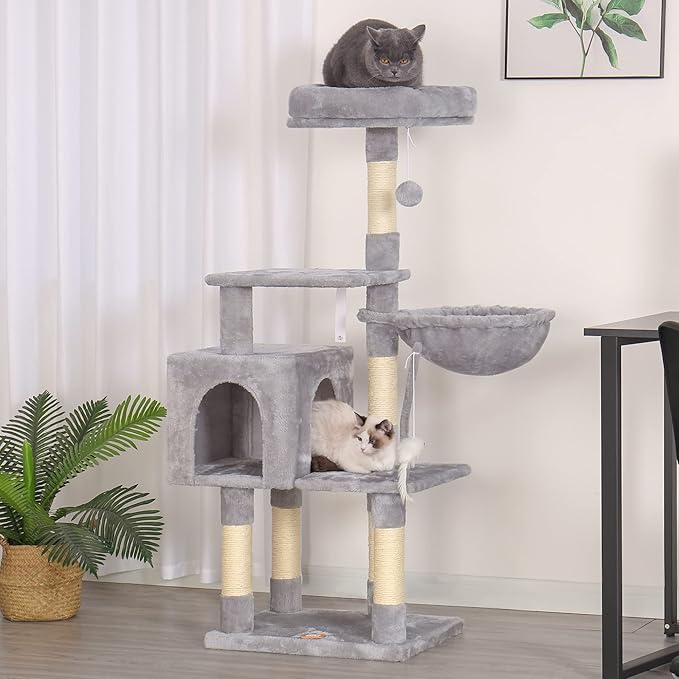 Heybly Cat Tree with Toy, Cat Tower condo for Indoor Cats, Cat House with Padded Plush Perch, Cozy Hammock and Sisal Scratching Posts, Light Gray HCT004W