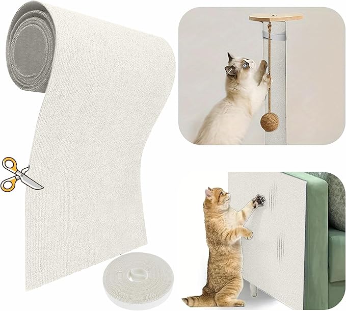 118”x15.8” Trimmable Cat Scratching Post Carpet Cover Cat Scratcher Mat Self-Adhesive Cat Tree Shelves Replacement Parts Mat with 5M Cable Tie Couch Furniture Protector for Indoor Cats (White)
