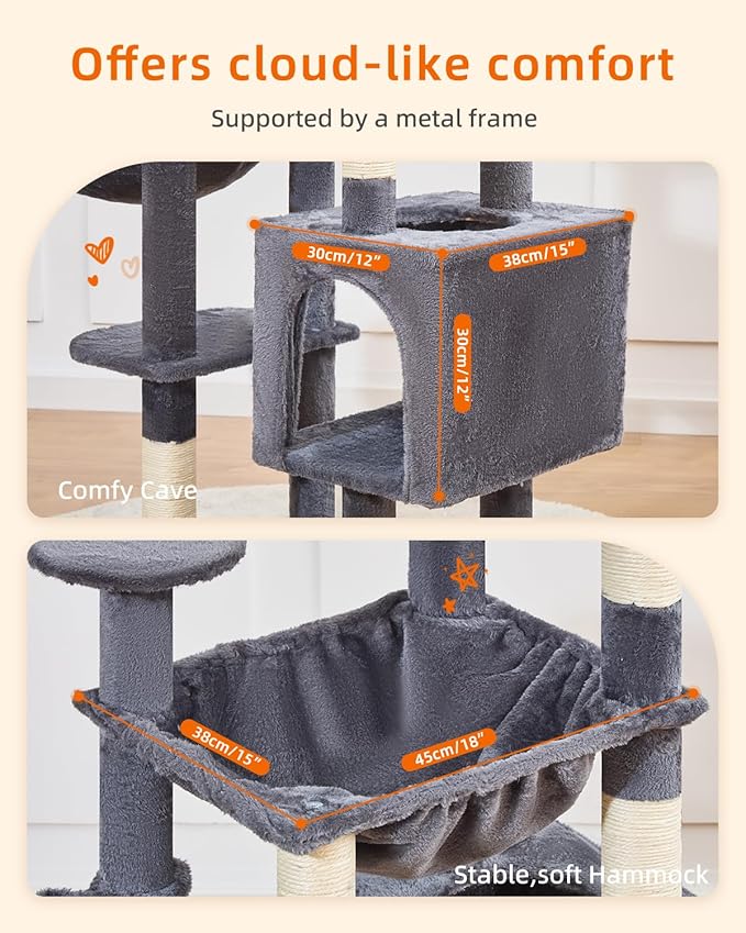 Taoqimiao Cat Tree, 51-Inch Cat Tower for Kittens, Cat Tree Tower with 5 Scratching Posts, Plush Cat Condo with Plush Perch, 2 Hammock, Pompoms, Smoky Gray MS019XL-G