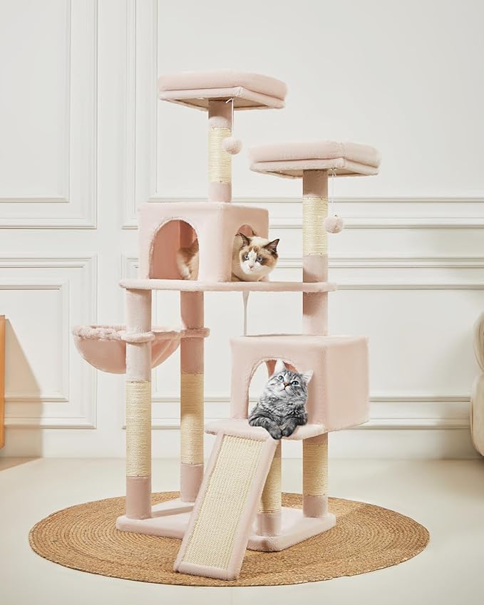 Taoqimiao 56.3-Inch Cat Tree, Cat Tower with Scratching Posts, Cat Tree House for Indoor Cats with hammocks, Toys, Condo and Large Scratch Board, MS012P Elly Pink