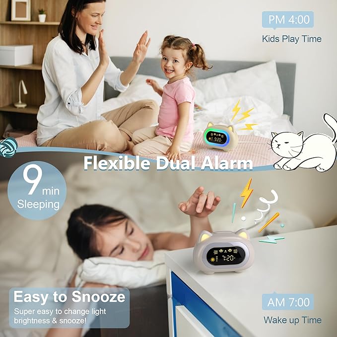 Alarm Clock for Kids, Ok to Wake Clock for Kids with Eye Protection Sleep Training Auto Off Feature 10 Night Light Dual Alarm, Kids Alarm Clock for Girls and Boys, Cute Cat