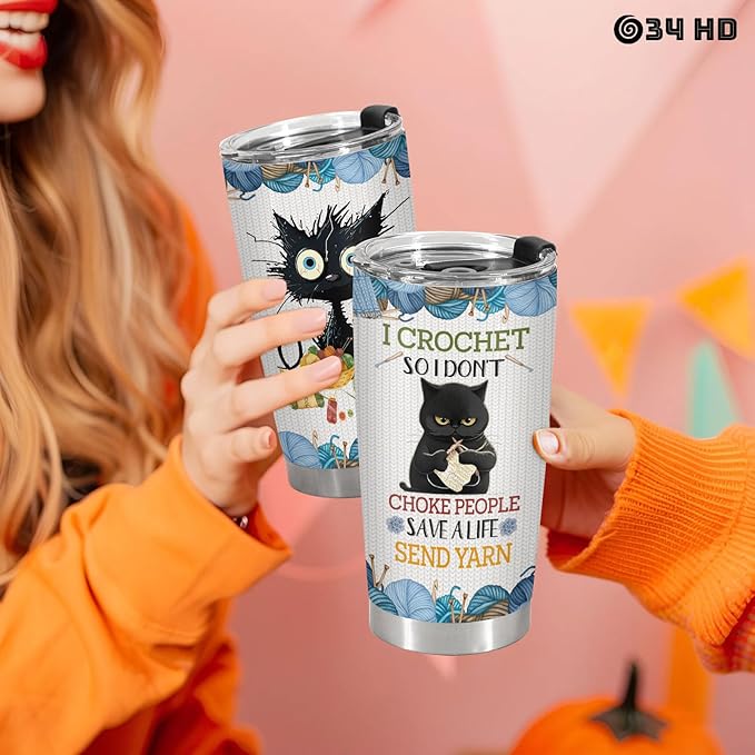 34HD Black Cat Tumbler with Lid, 20oz Vacuum Insulated Cat Coffee Cup, I Crochet So I Dont Choke People Mug, Crochet Lover Gifts for Birthday Mothers Day Christmas