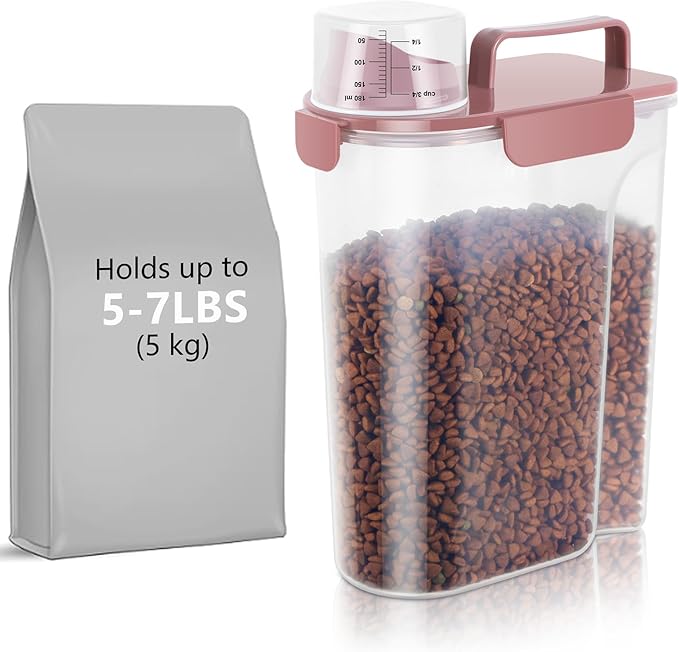 5-7Lbs Airtight Pet Storage Container For Cat Dog Bird Food and Keep Fresh, Translucent Body,Upgraded large nozzle for easy pouring With handle design Easy to carry when going out-pink