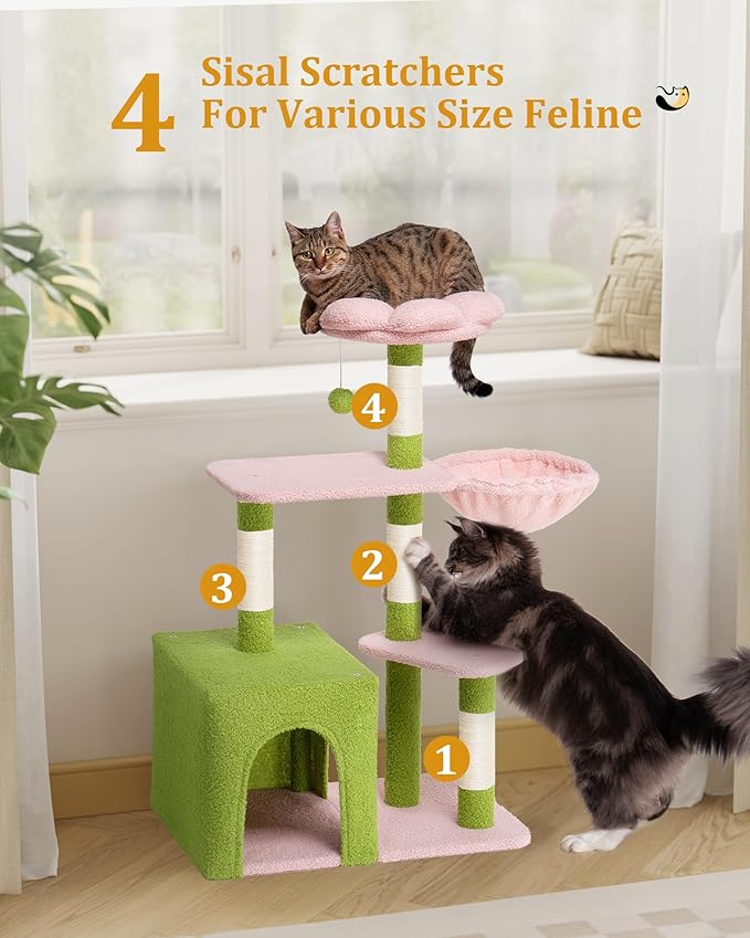 Flower Cat Tree Tower for Large Cats, 41.2'' Cute Cat House with 4 Scratching Posts, 2-Door Condo Cave for Adult Cats, Cozy Perch and Hammock for Small Cats or Pets, Green Pink