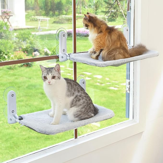 2PC Cat Window Perch Cordless Foldable Cat Hammock Bed for Window with Metal Frame and Reversible Cover, Large Suction Cups Window Resting Seat for Indoor Cats (Cat Bed, L-2PC)