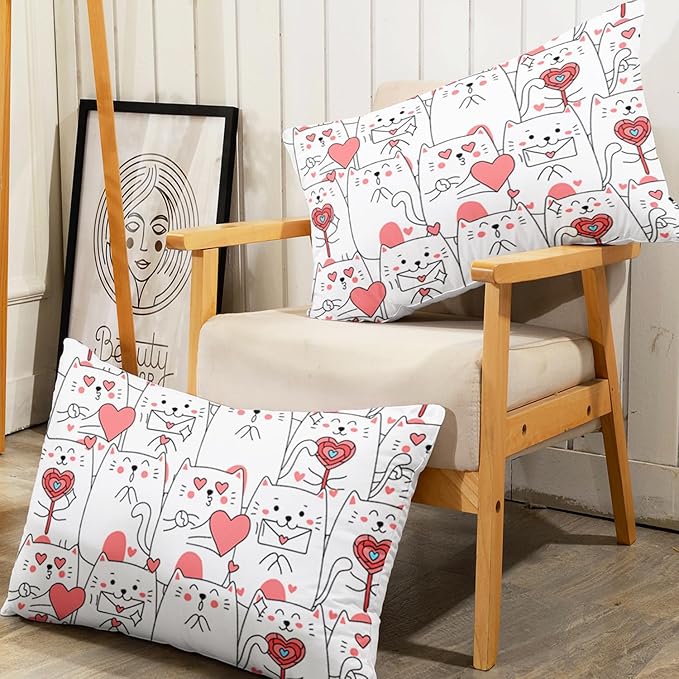 AILONEN Cute Cartoon Cat Comforter Set Full Size, Romantic Hearts Printed Kitted Bedding Set,Kids Girls Soft Microfiber Comforter with 2 Pillowcases,3-Piece for Bedroom