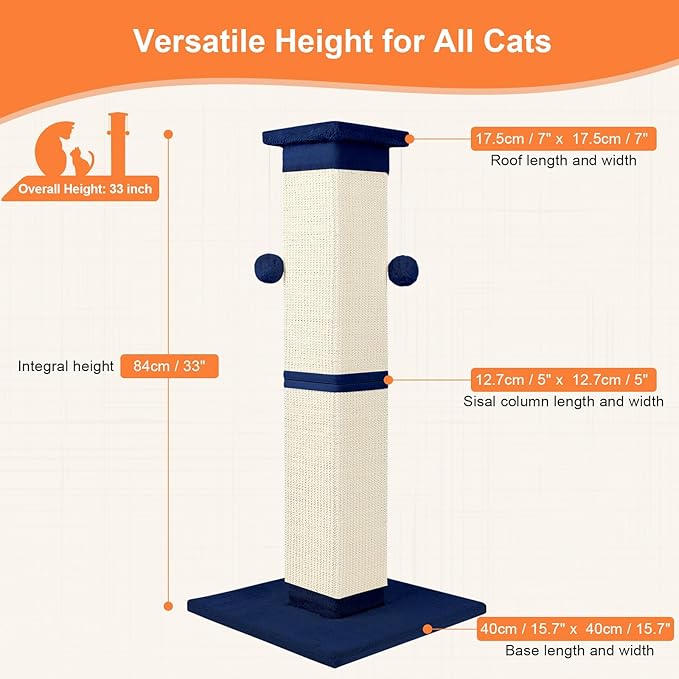 Cat Scratching Post 33 Inch Nature Sisal Cat Scratch Post for Indoor Cats, Large Cat Scratcher Protect Your Furniture, for All Breeds Blue
