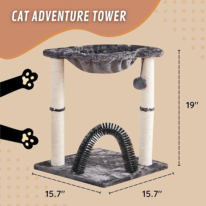 POLIPETS 19” Tall Cat Tower with Hammock,Sisal Scratching Posts and Pets Self Groomer Massager, Soft Hanging Basket Perch Hammock,Indoors Cat Furniture 16x15”, Gray