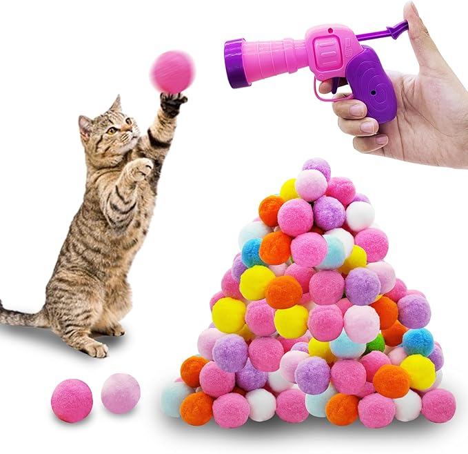 Andiker Cat Toy Balls Set, 30pcs Plush Cat Pom Pom Balls&a Plastic Launcher Set for Cat Catch&Fetch Interactive Cat Toy with Colorful&Soft Cat Balls for Indoor Cats to Keep Fit (Pink 100balls)