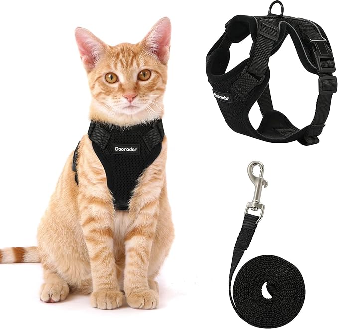 Dooradar Cat Harness and Leash Set, Escape Proof Safe Adjustable Kitten Vest Harnesses for Walking, Easy Control Soft Breathable Mesh Jacket with Reflective Strips for Cats, Black, XXS