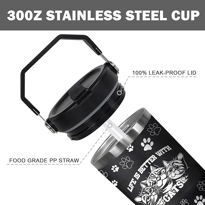 30 Oz Black Cat Tumbler with Handle and Straw, Insulated Cat Mugs for Cat Lovers, Double Wall Stainless Steel Black Cat Mug, Cat Mom Mug or Cat Dad Mug and Cat Cups Gifts for Cat Lovers for Women