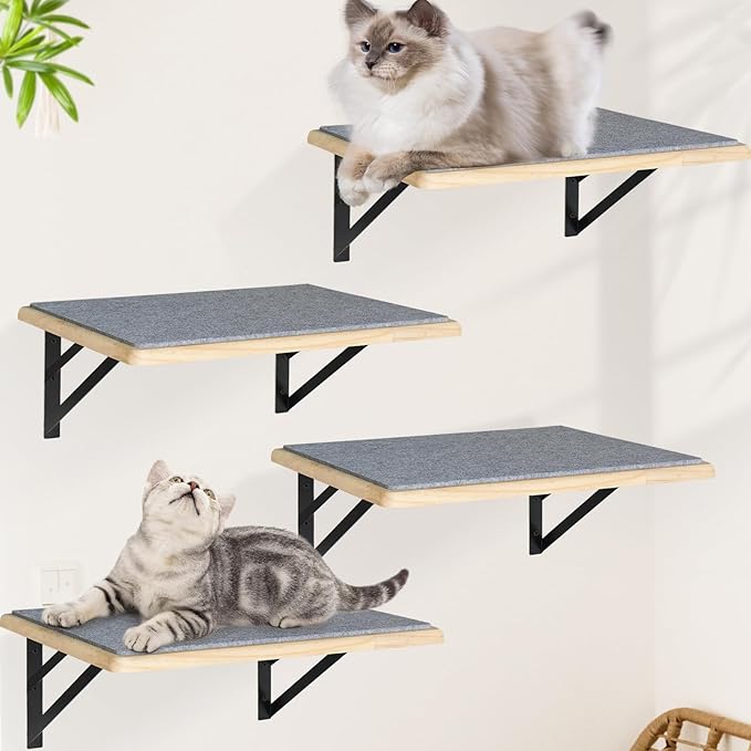 Cat Wall Shelves Set of 4, Wood Cat Shelves for Wall, Cat Wall Bed Hammock with Scratching Pad, Cat Climbing Shelf for Sleeping Playing, Cat Window Perch for Big Cats, Burlywood Cat Furniture Indoor