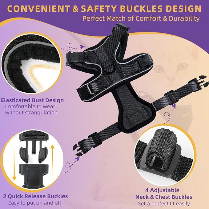 Adjustable Cat Harness and Leash Set for Outdoor Walking, Soft Breathable Mesh Cat Harness with Reflective Strips,Escape Proof Safe Cat Vest Harness, Black (S)