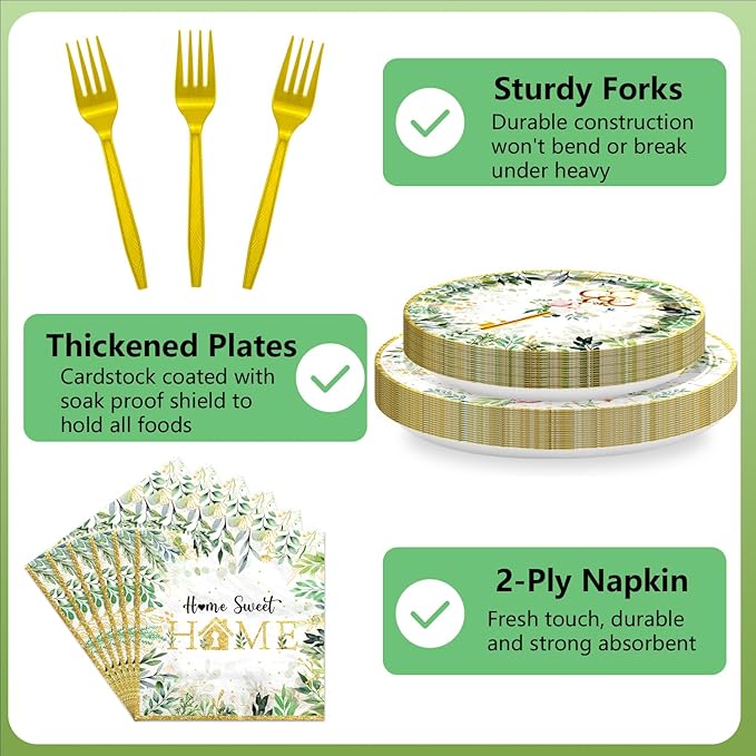 96PCS House Warming Party Decorations Home Sweet Home Tableware Set Rustic Floral Paper Plates Napkins Dinnerware Dessertware Forks Serves 24